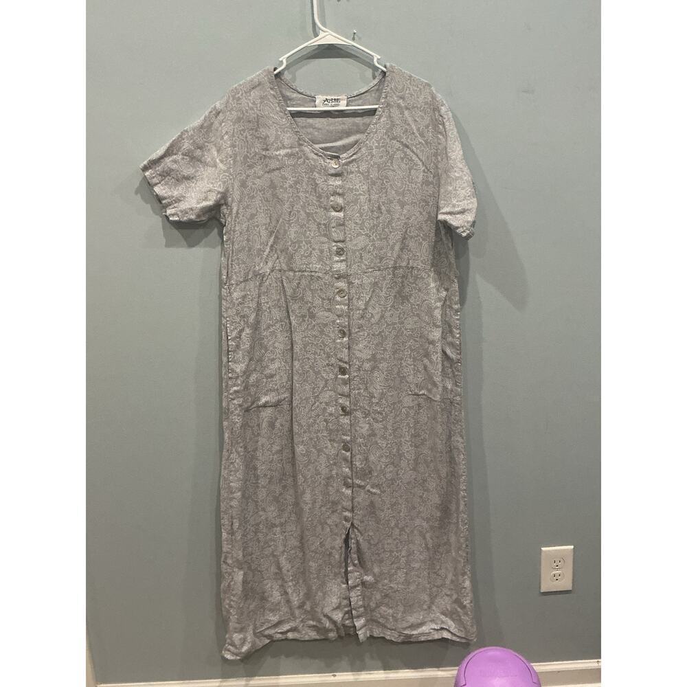 Ad-lib Womens Button Front Linen Maxi Dress M L Blue Grey Lagenlook Coastal Boho